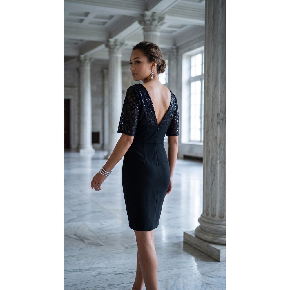 Calvin Klein Sheath Dress Women  8 Black Sequin Sleeve V-Back Cocktail Event
